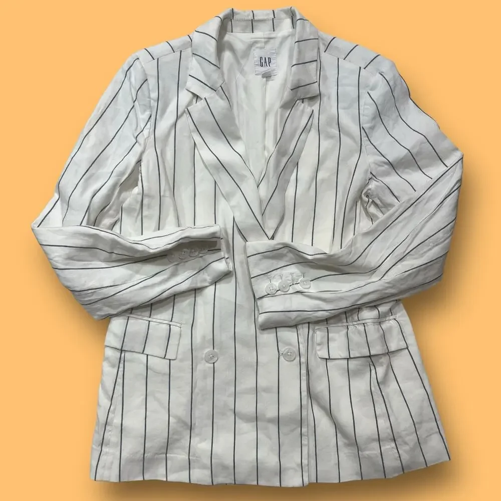Gap Classic Girlfriend Linen Blazer Navy White Sz 8 Relaxed Fit Versatile Lined